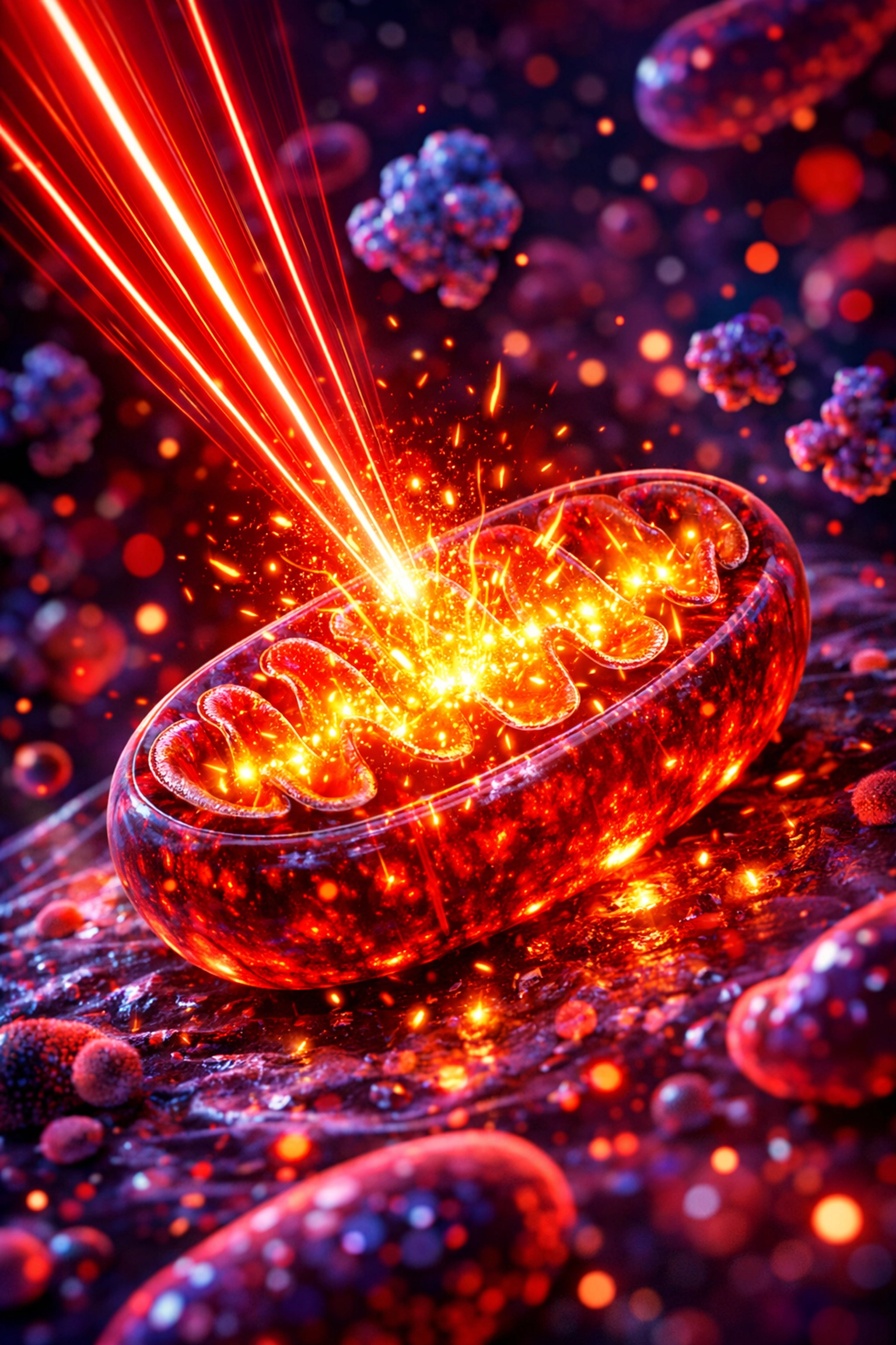 Red light therapy stimulating mitochondria to increase ATP and cellular energy for healing.