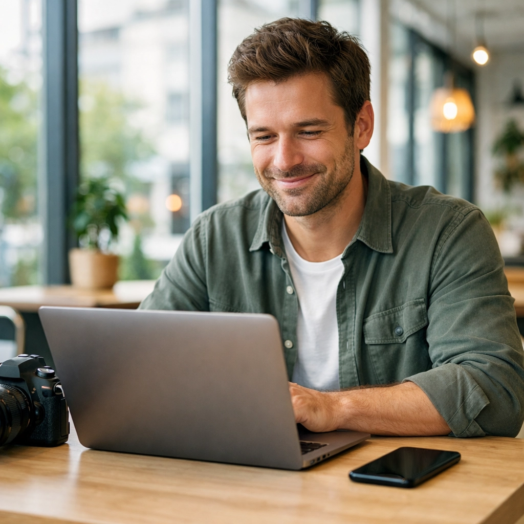 Successful creator managing photography client bookings and secure payments on a laptop in a modern cafe.