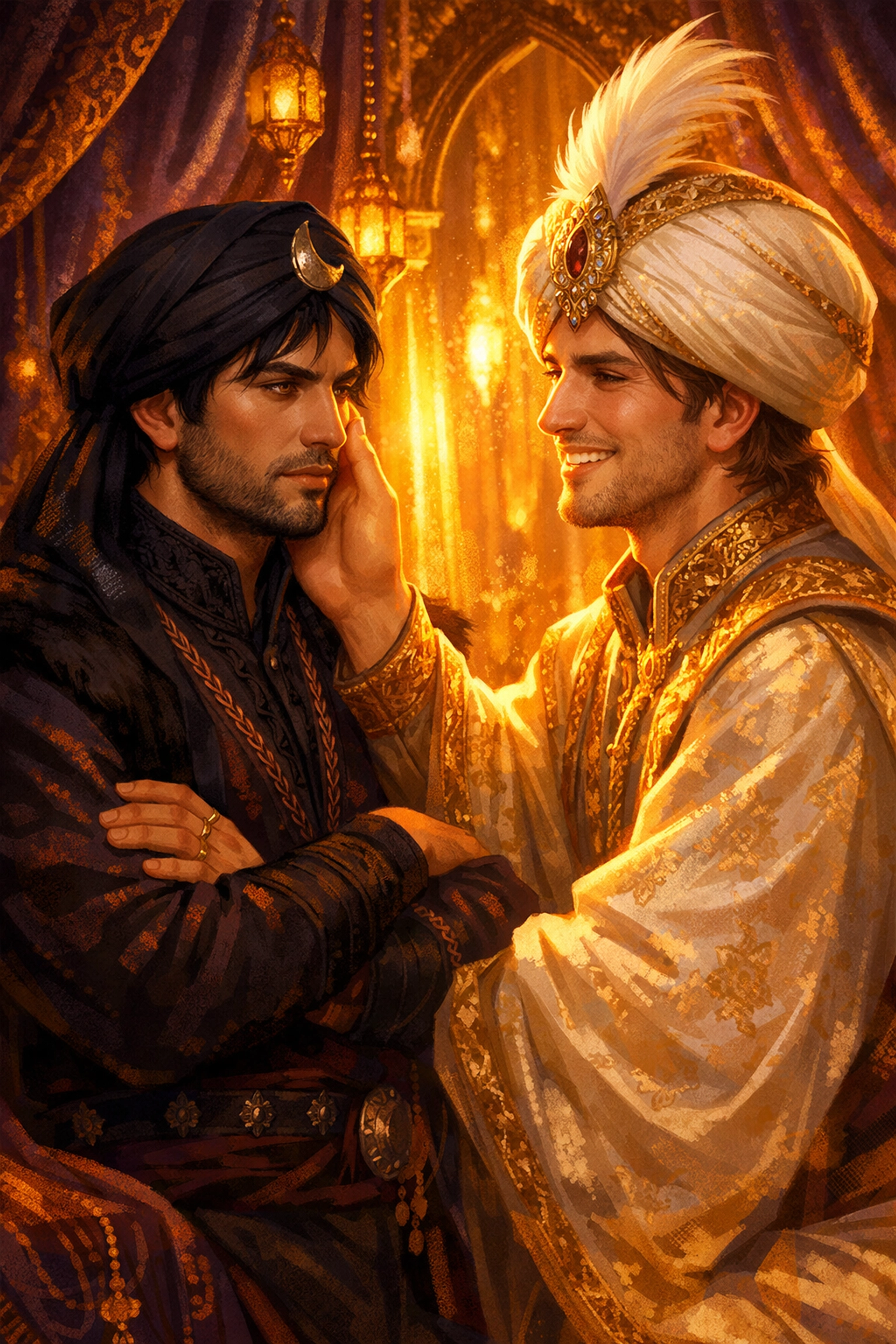 Grumpy guard and sunshine vizier in intimate moment - MM romance in Ottoman Empire setting