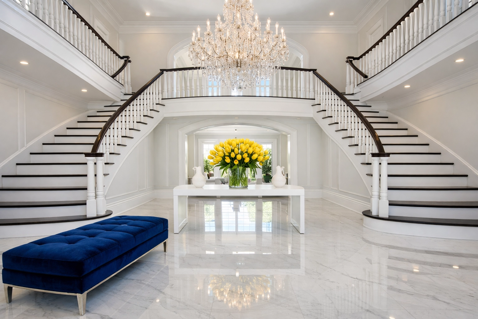 A spotless Dover luxury foyer with polished marble floors after professional residential cleaning Massachusetts.