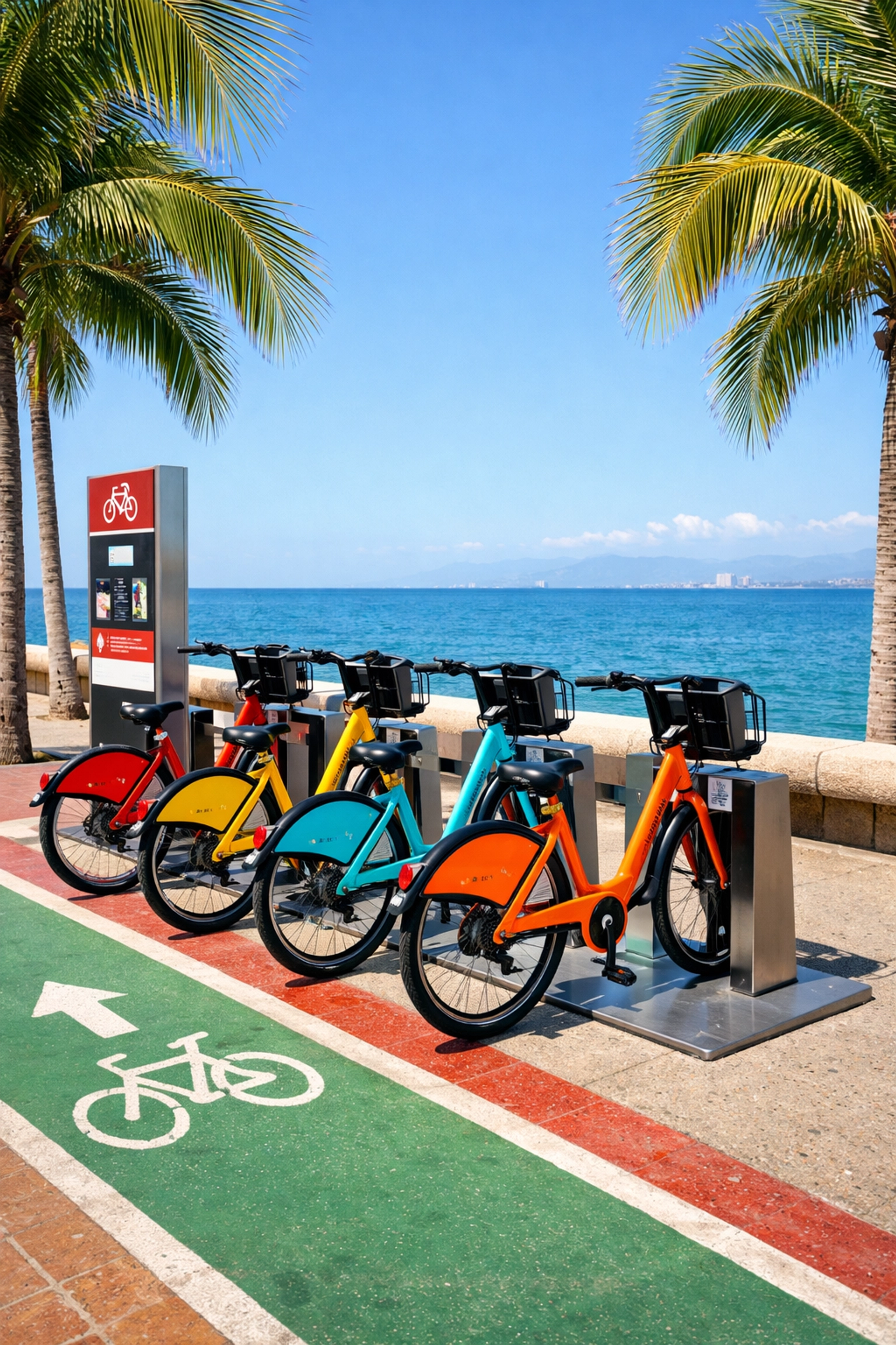 Public bike rack on Puerto Vallarta Malecón with ocean view and bike lane