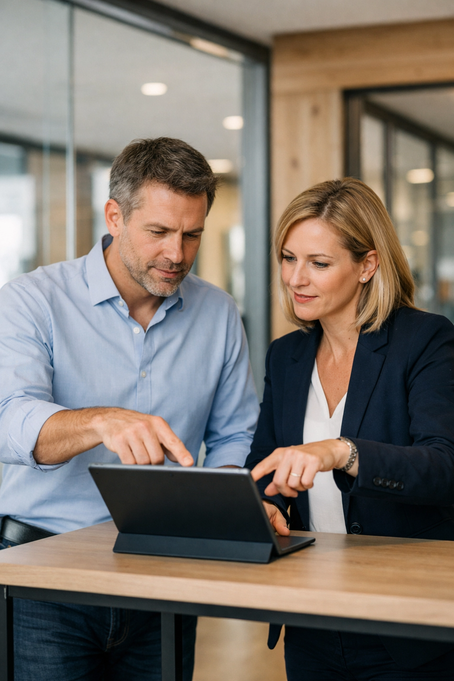 Fachkräfte planen die Workflow Automatisierung an einem Tablet in einem modernen Büro