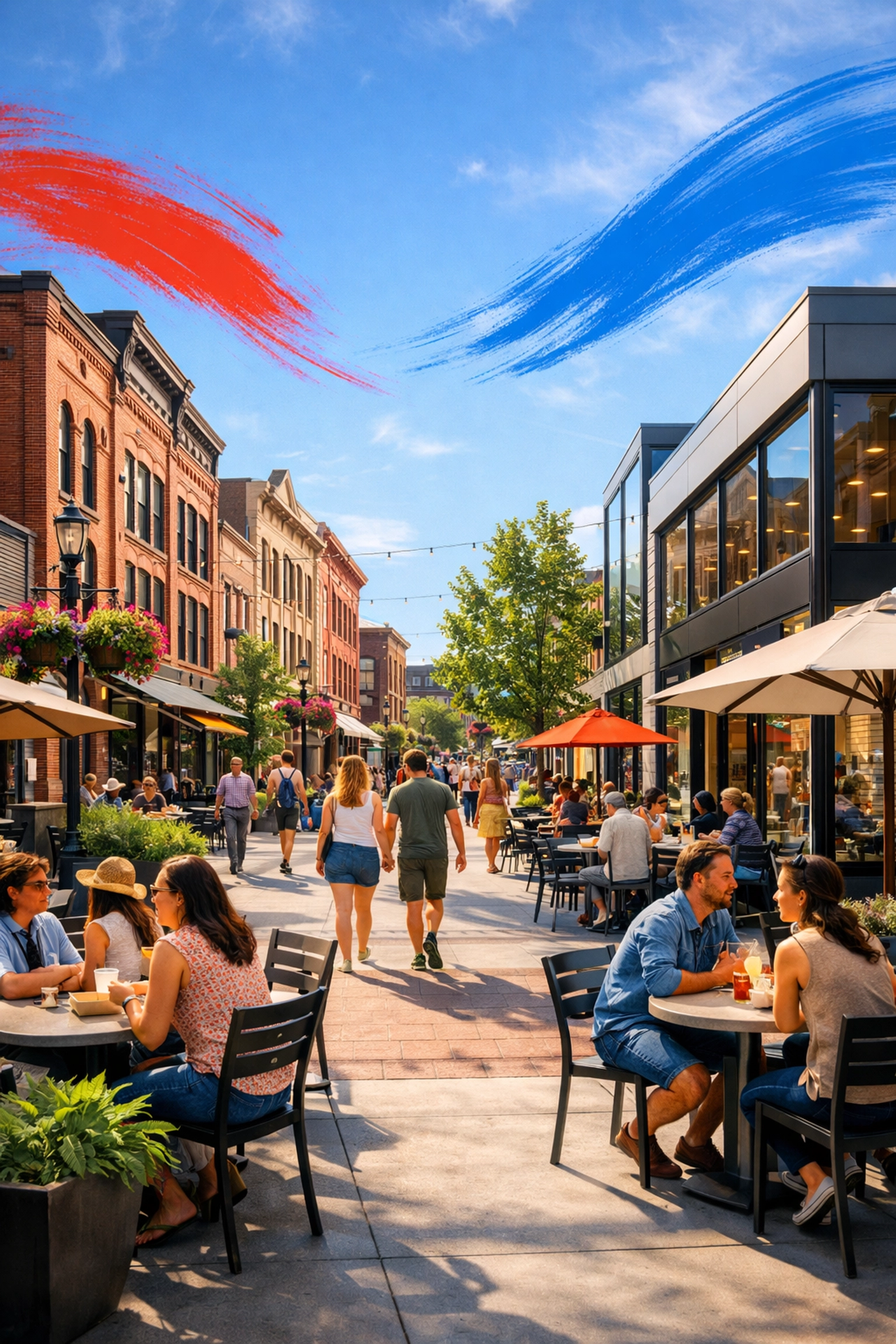 Walkable downtown street in Old Town Peoria showing historic character and new real estate investment.