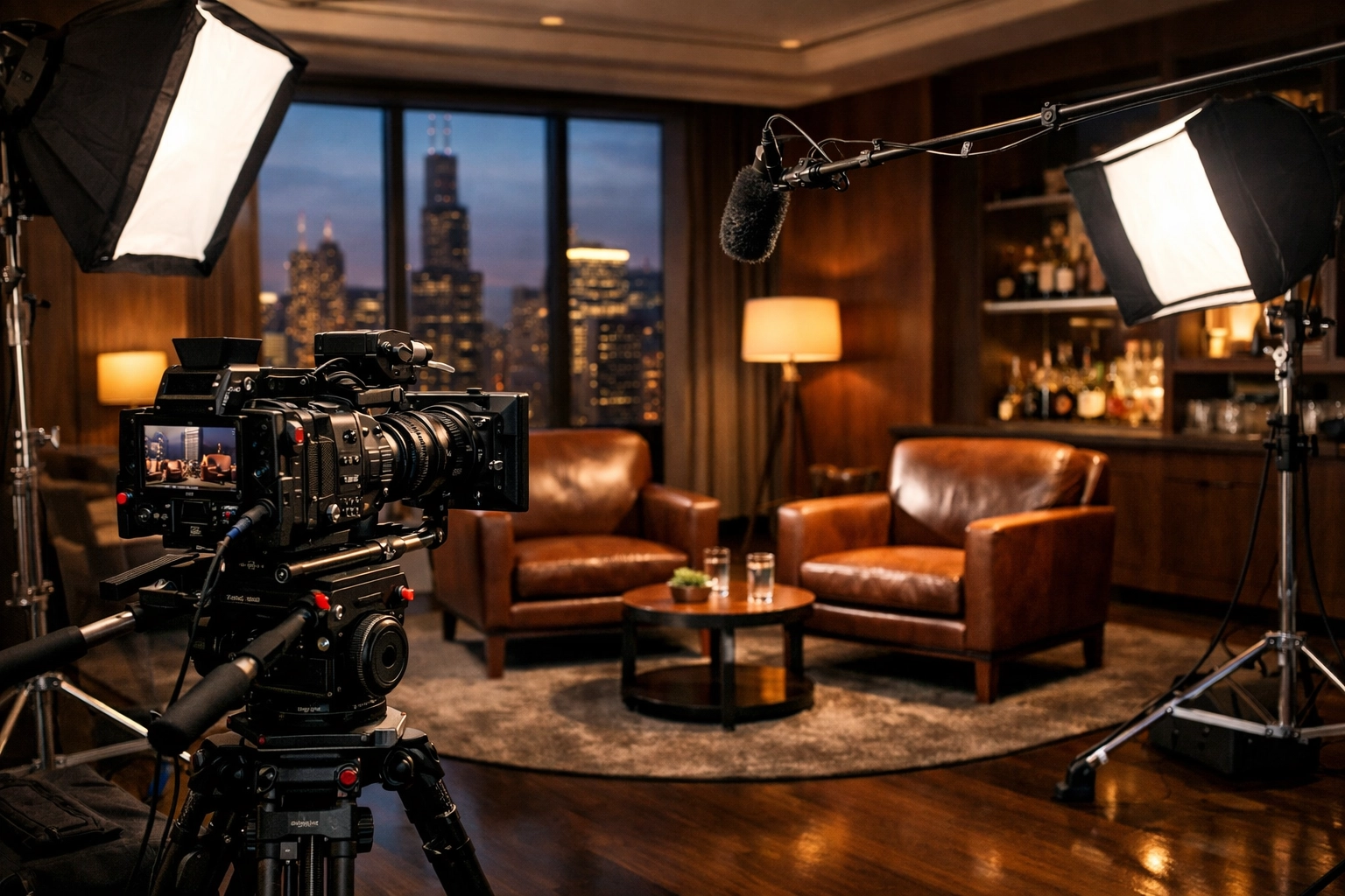 Professional event videography services setup with cameras and lighting for a corporate interview in Chicago.