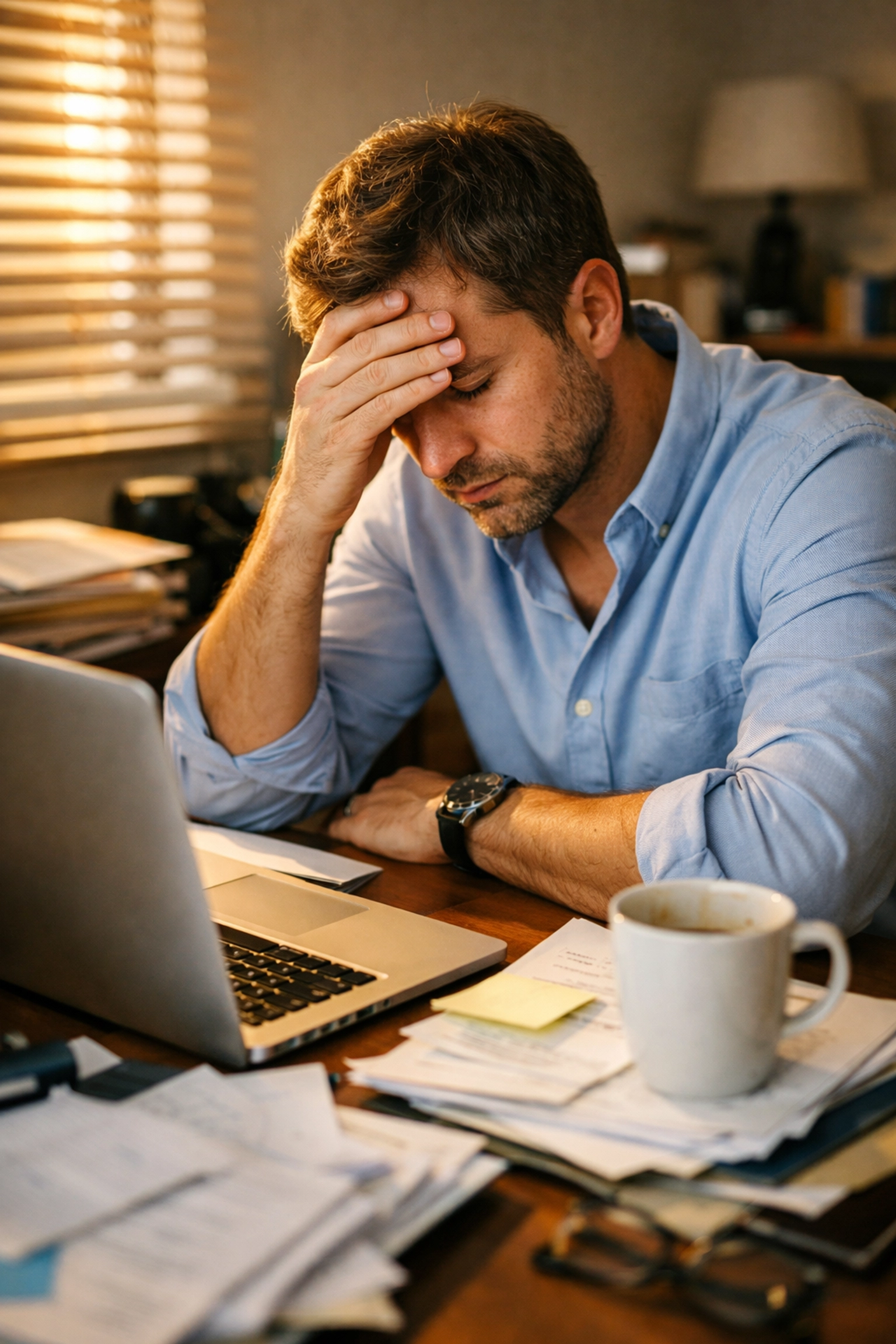 Stressed professional overwhelmed by life insurance paperwork and decisions