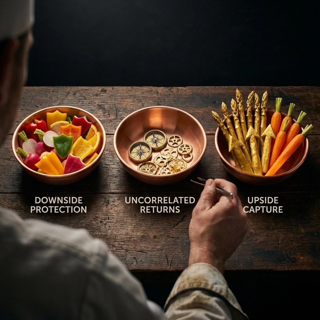 Chef's counter showcasing ingredients for downside protection, uncorrelated returns, and upside capture in portfolio allocation.