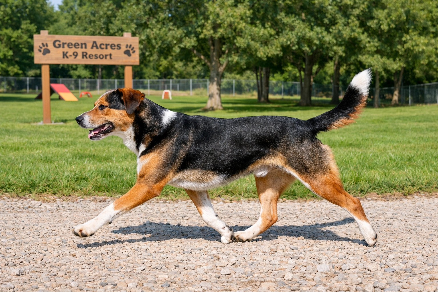 Dog walking with structured gait on gravel path at Green Acres K-9 Resort