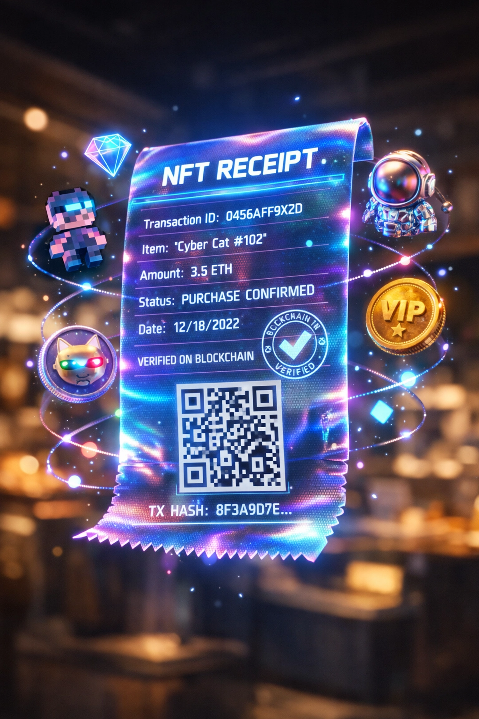 Digital NFT receipt displaying blockchain transaction data and loyalty tokens for crypto payments