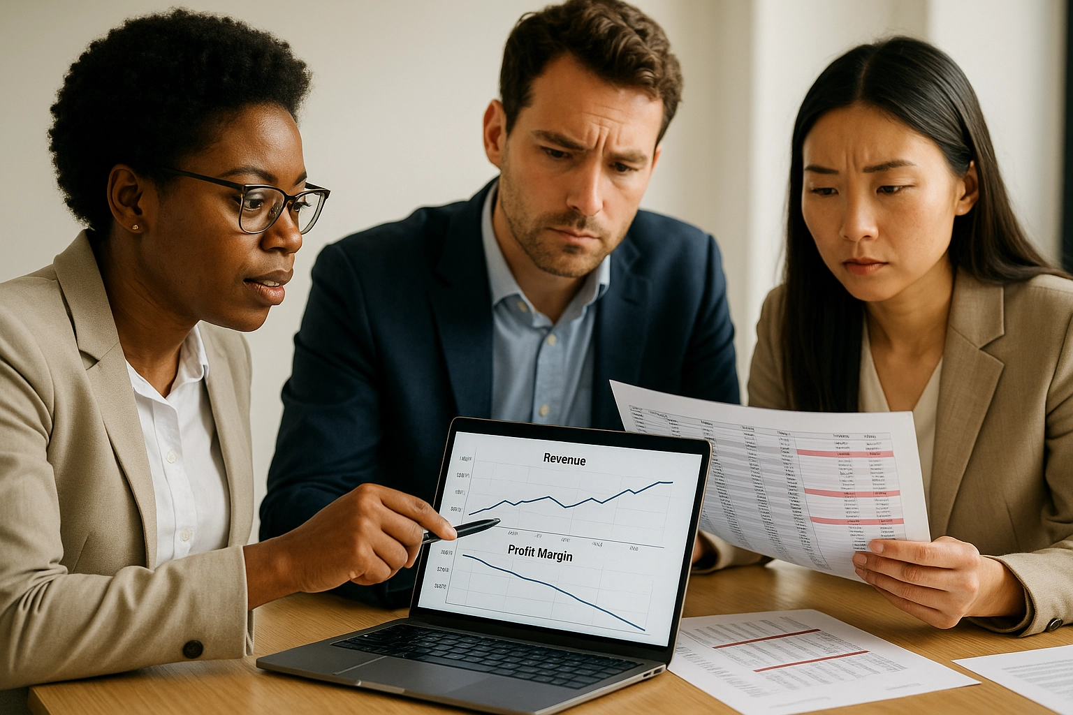 Three business professionals reviewing revenue and profit margin charts on a laptop during a financial analysis meeting