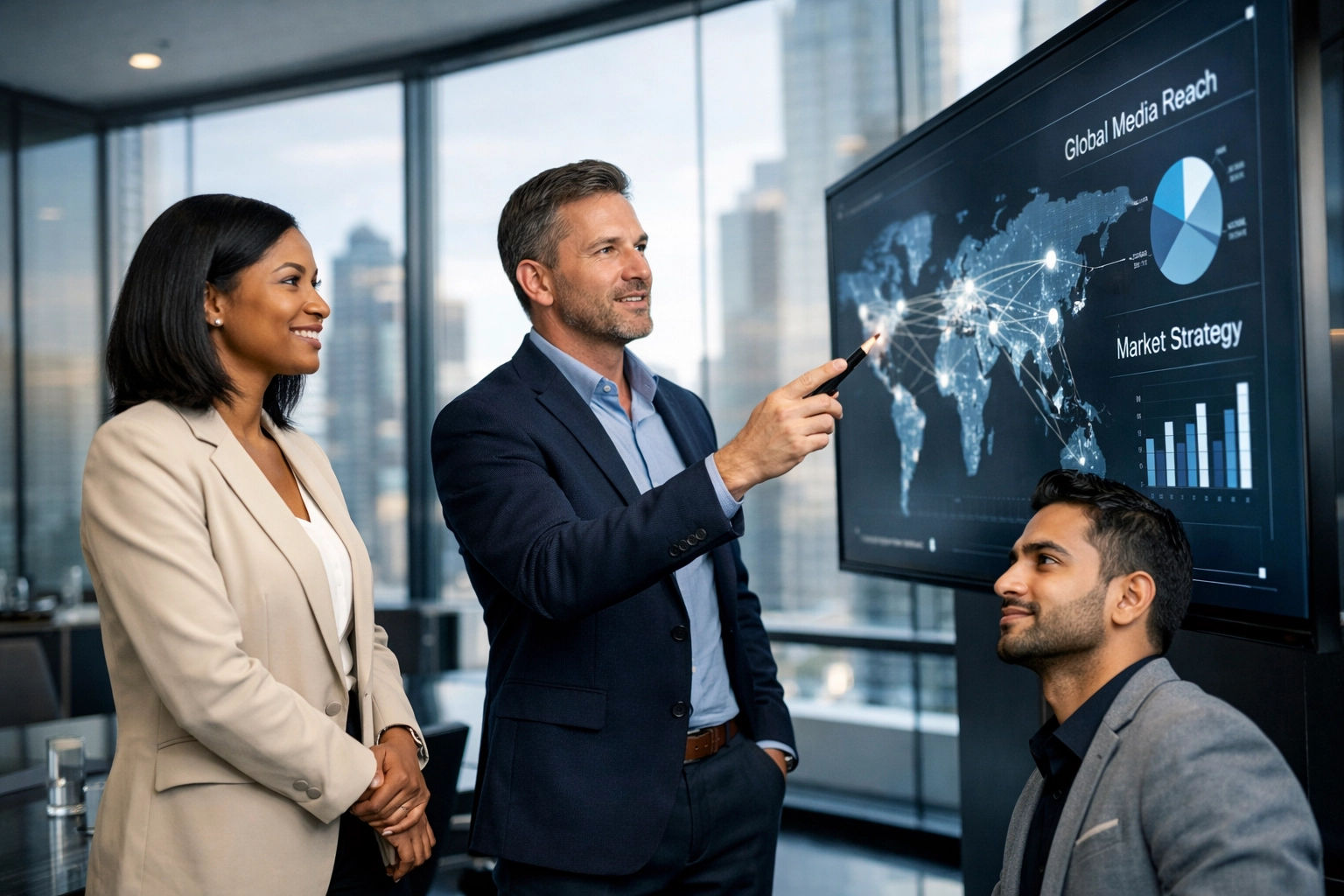 Specialized consultants analyzing global media reach data on a digital map to drive strategic business growth.