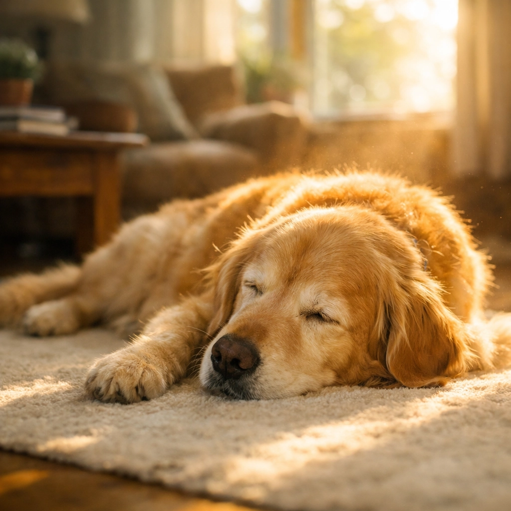 Senior Golden Retriever resting peacefully during a restorative moment of cellular health and autophagy.