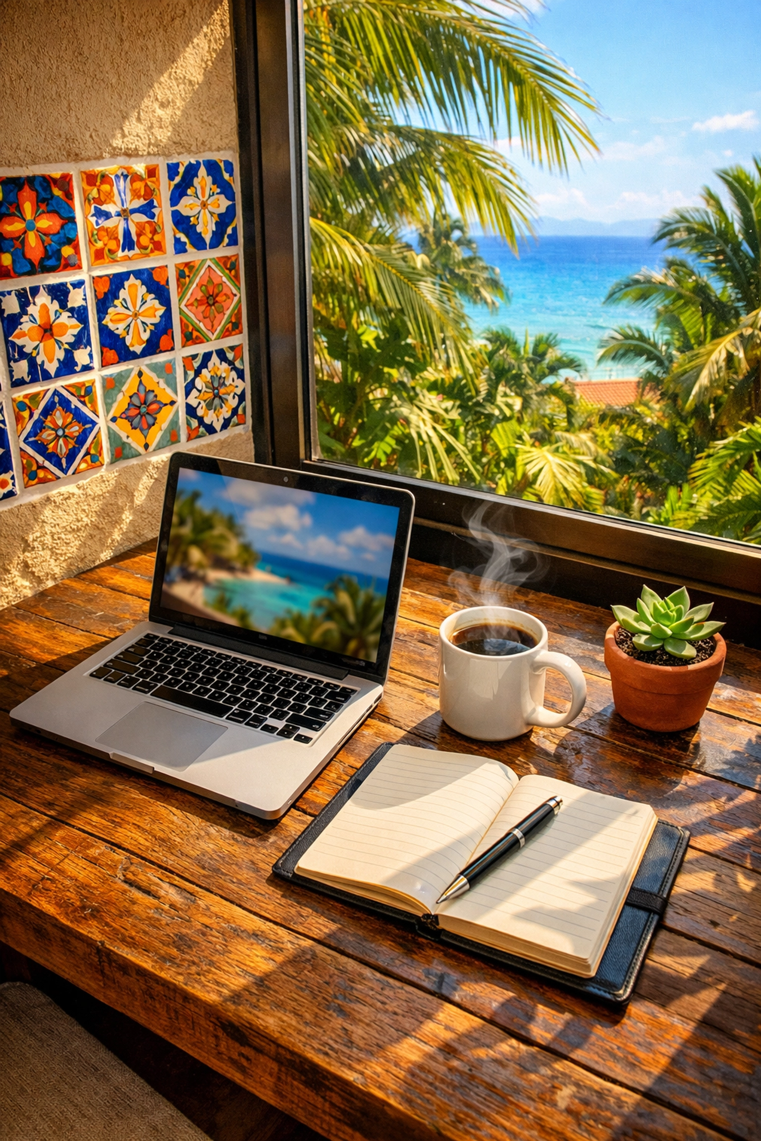 Digital nomad workspace in Puerto Vallarta condo with ocean view and laptop setup