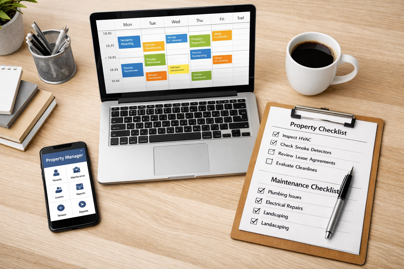 Property manager's desk with turnover scheduling calendar and checklists