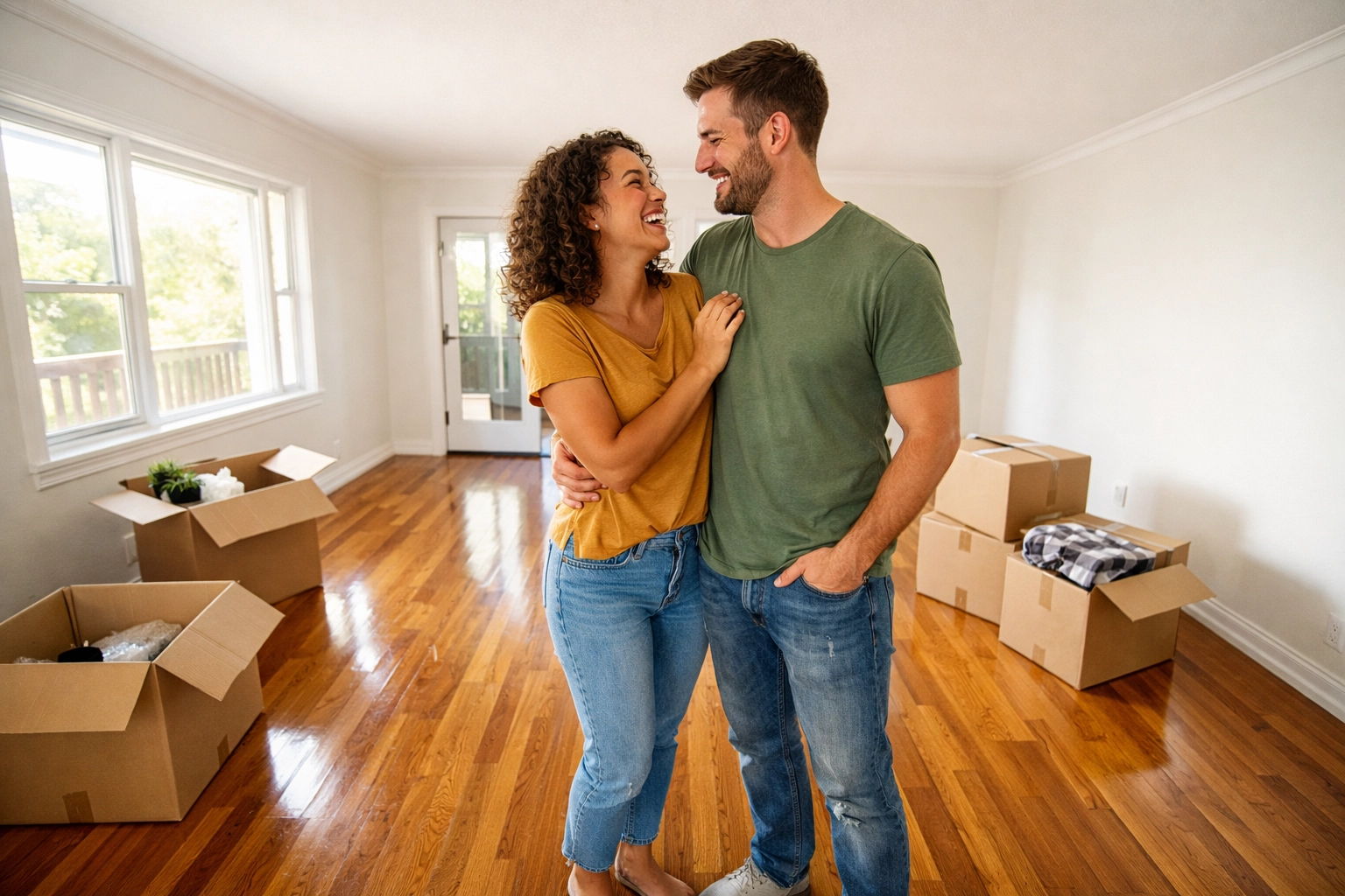 Happy couple in their new home after securing a mortgage for a property in Oldham.