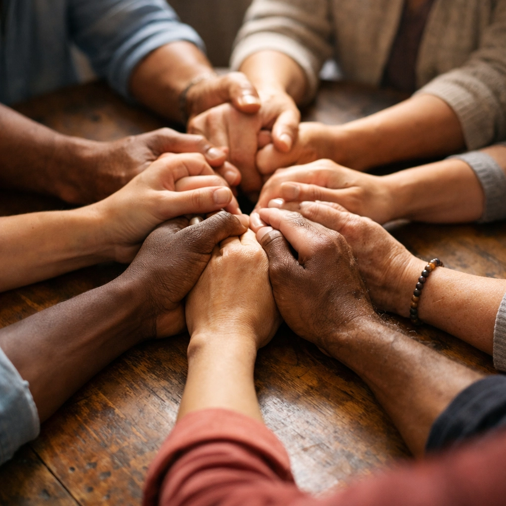 Diverse hands joined in prayer circle showing community faith and support