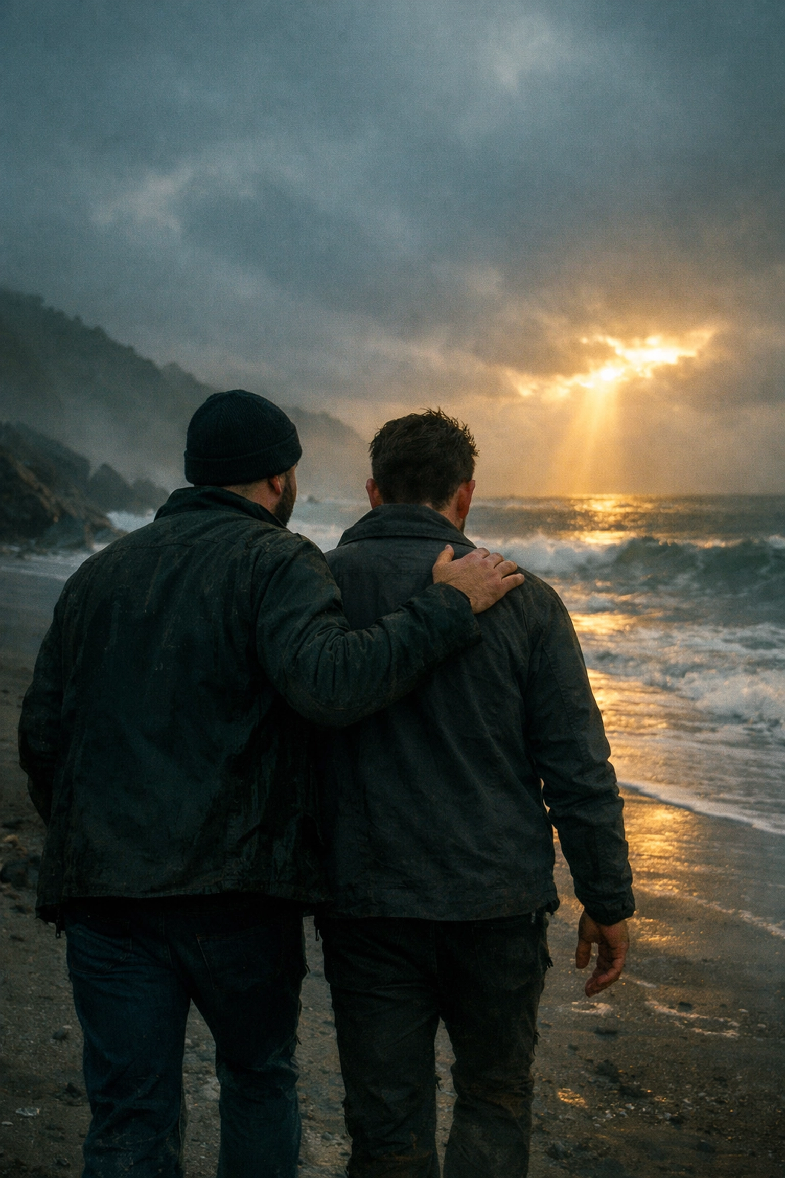 Two men walking on a beach at sunrise, providing support through a life transition, a common theme in heartfelt gay fiction.