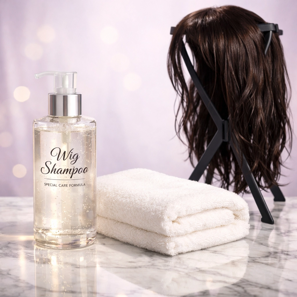 Specialized shampoo and care essentials for washing and maintaining a synthetic wig from The Wig Palace.