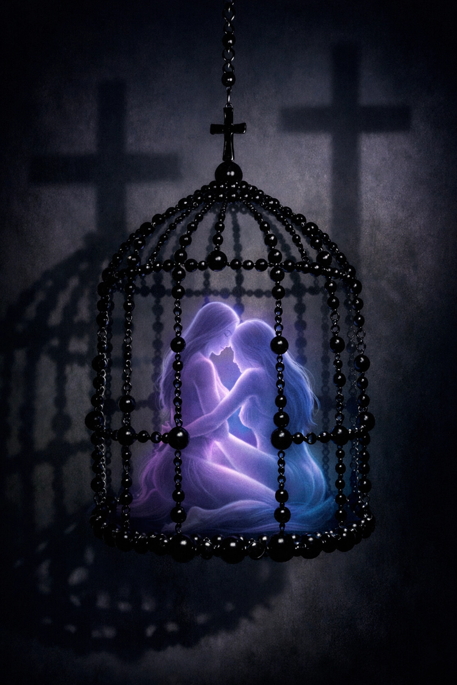 Symbolic cage of rosary beads representing religious repression and psychological imprisonment in convents