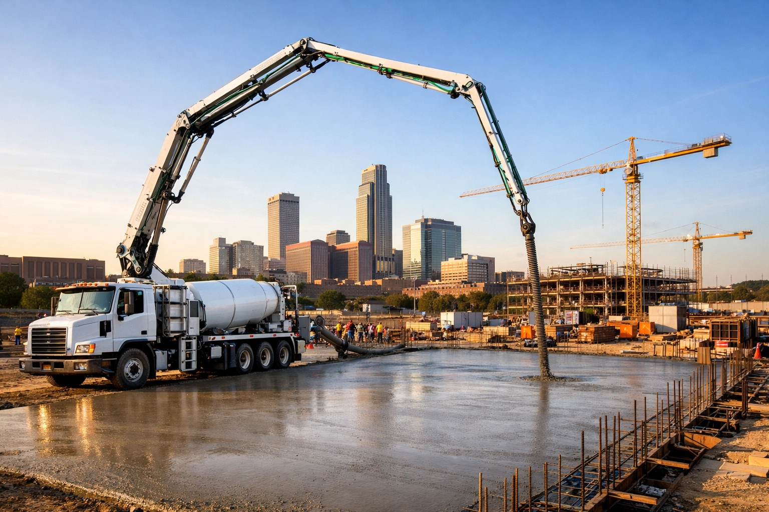 A professional concrete pump truck pouring a commercial foundation at an Omaha construction site.