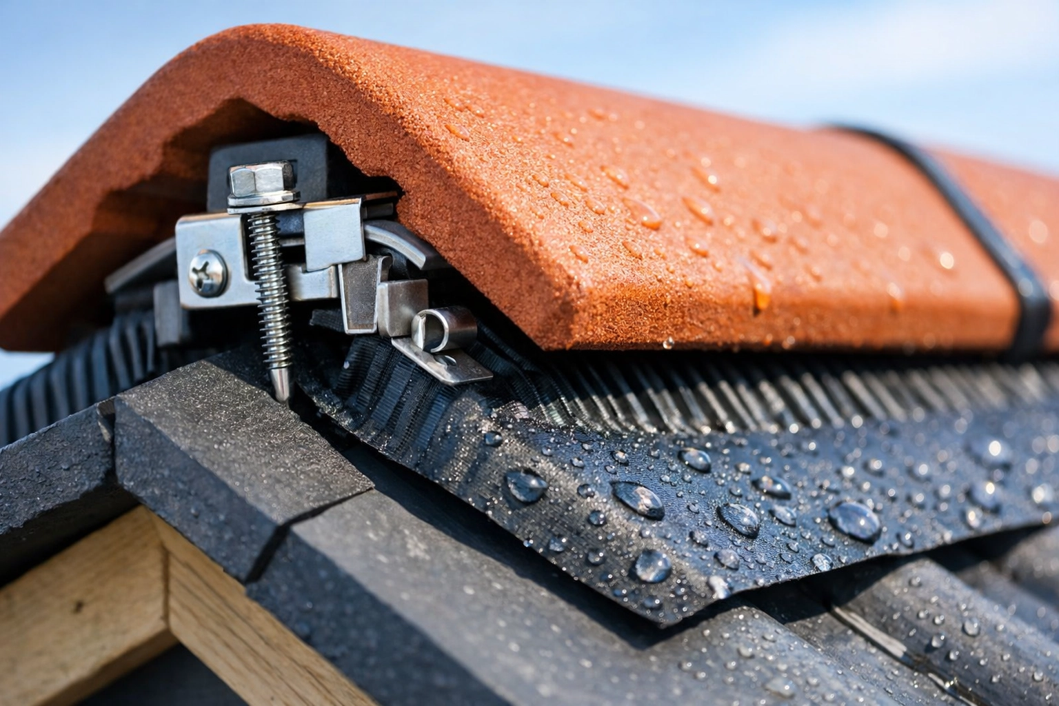 Close-up of dry ridge system showing mechanical fixings and screws securing ridge tiles