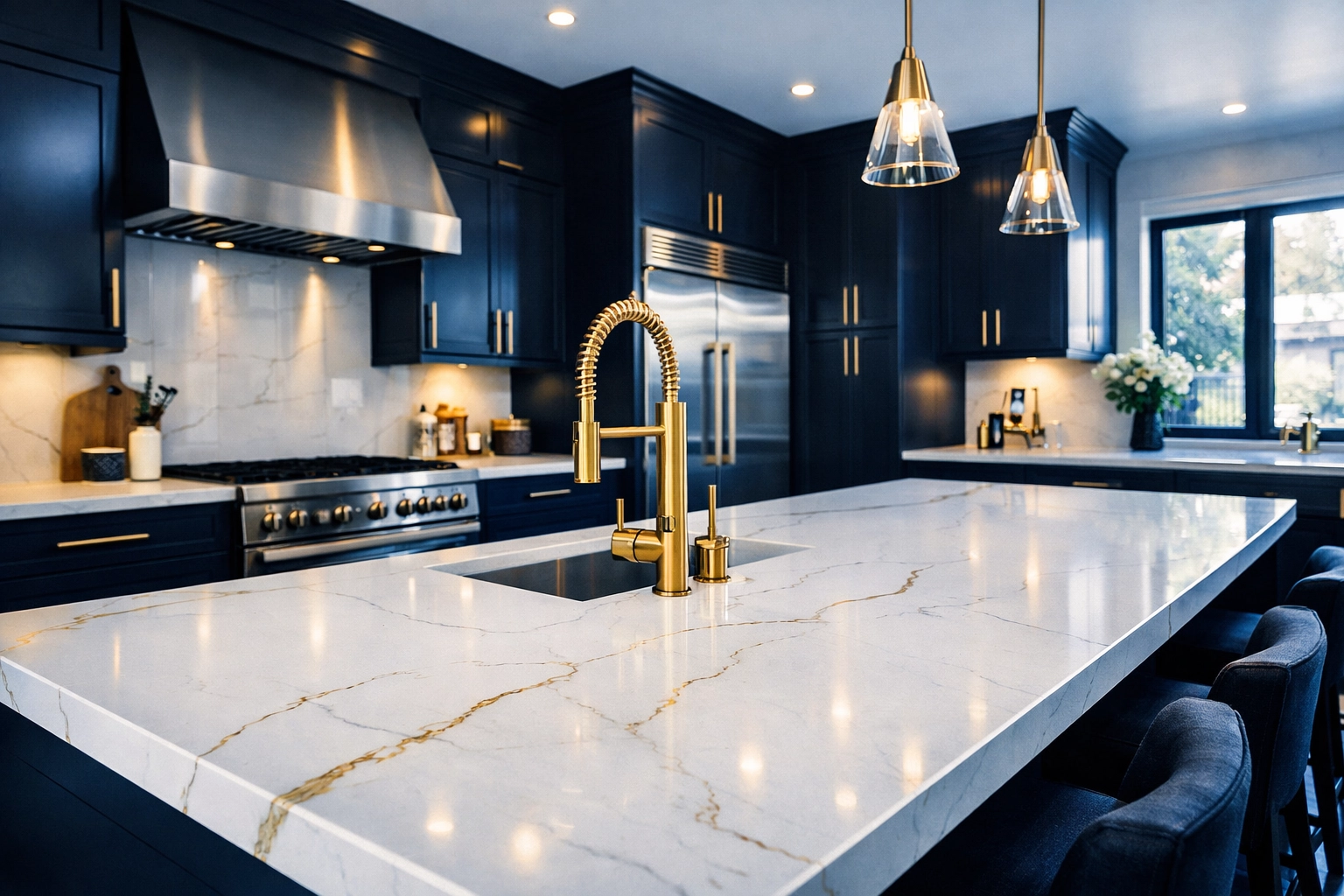 Luxury modern Houston kitchen remodel with navy cabinets, quartz island, and professional interior painting.
