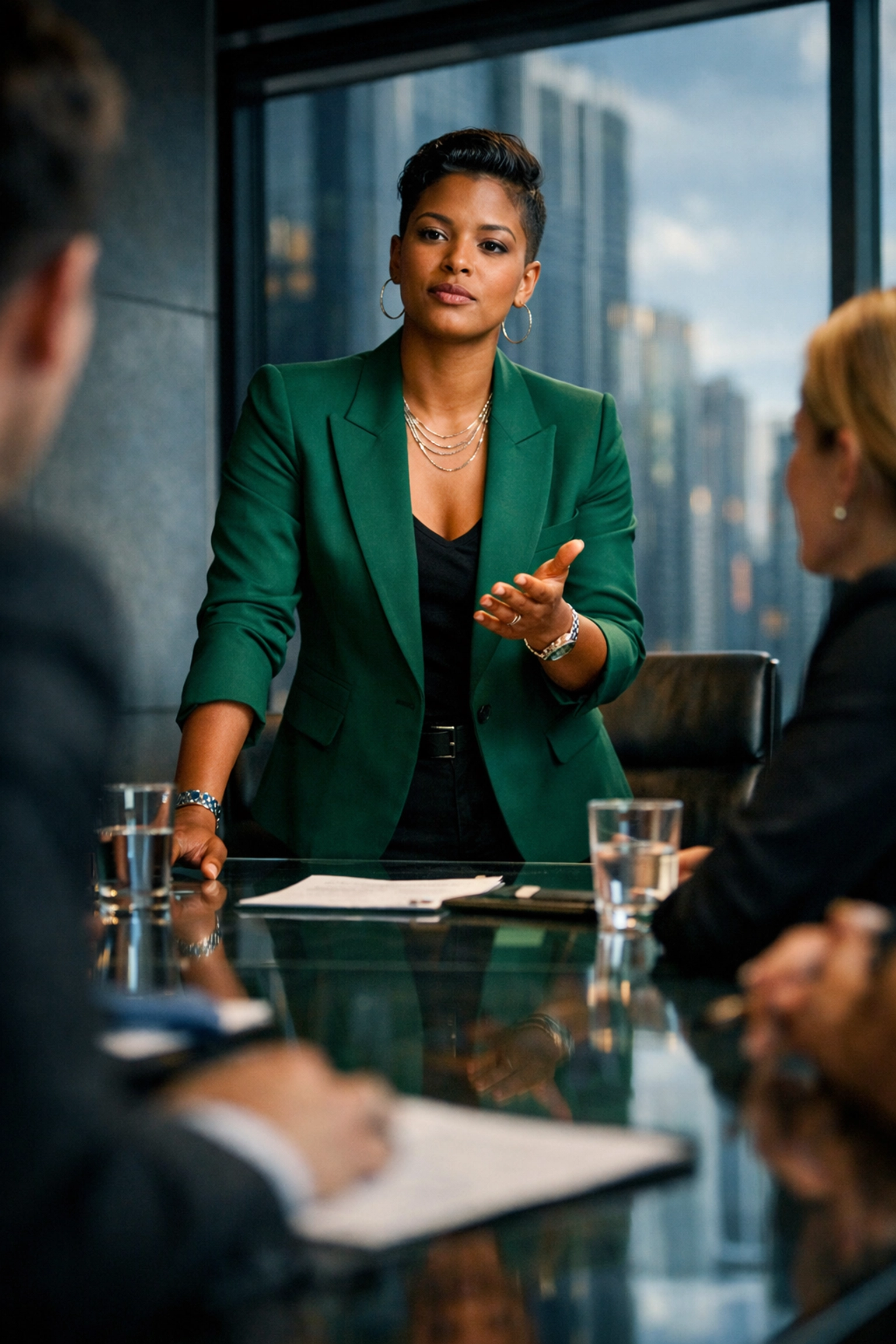 A lesbian executive leading a meeting, showcasing authentic queer leadership in an inclusive workplace.