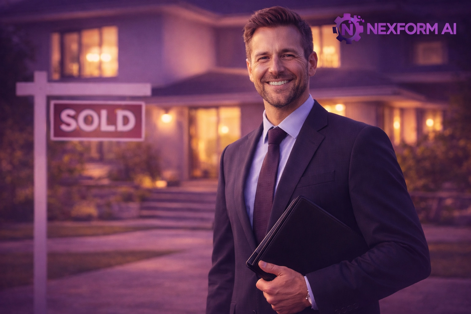 Successful estate agent walking past a sold sign at a modern family home after closing a deal with AI automation.
