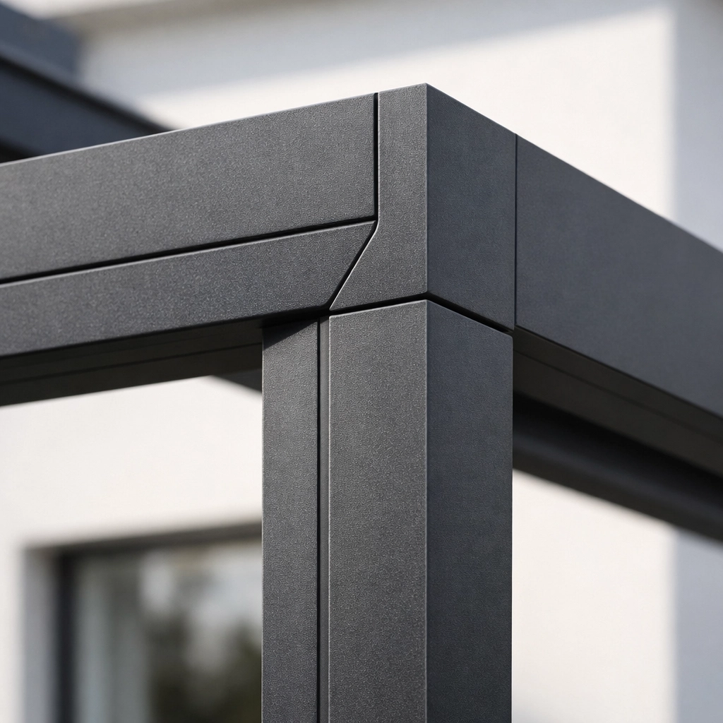 Detailansicht einer hochwertigen Terrassenüberdachung Wien aus anthrazitfarbenem Aluminium für ein Lamellendach.