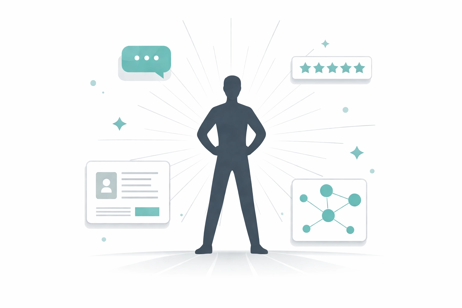 Illustration of a confident figure with connected icons, symbolizing brand authority and entity building in SEO.