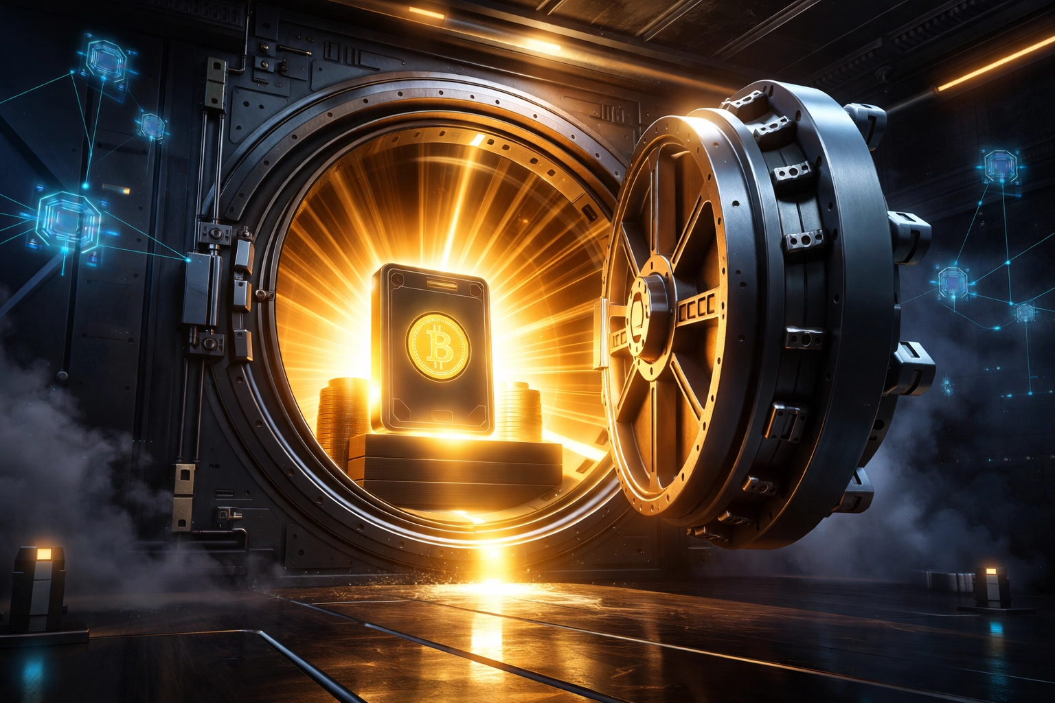 A secure digital vault opens to reveal a glowing crypto wallet, symbolizing self-custody and decentralized payments.