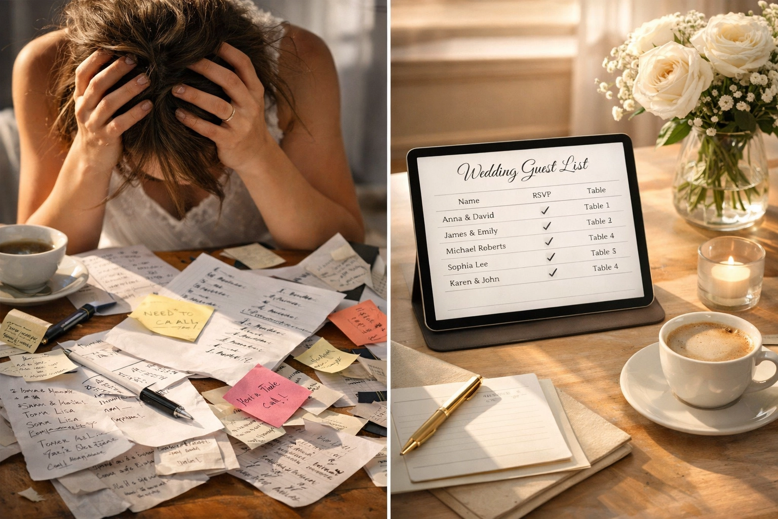 Comparison of chaotic paper guest lists versus organized digital wedding RSVP system on tablet