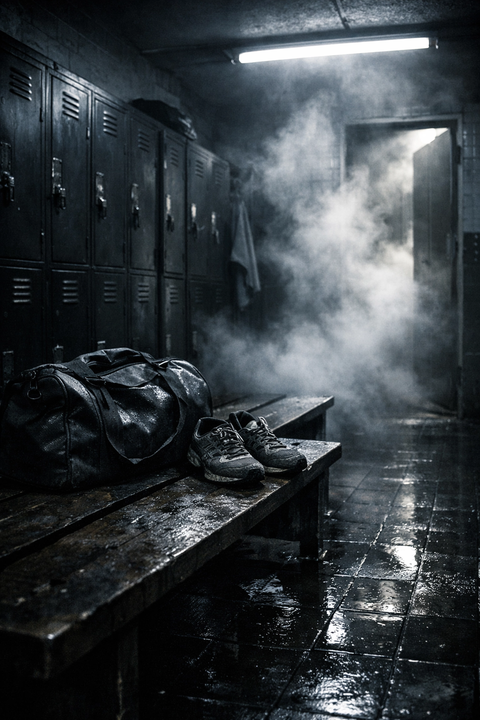 Atmospheric British gym locker room with steam