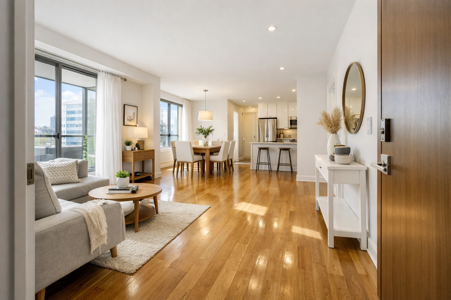 Freshly cleaned move-in ready apartment interior with pristine floors and natural lighting