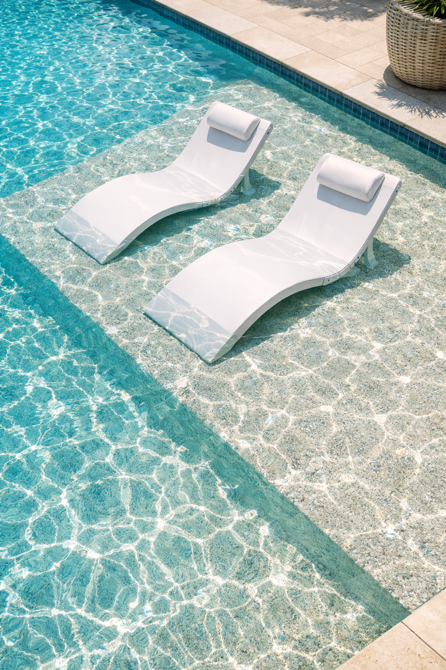 High-end South Florida salt water pool with a sun-drenched Baja shelf and premium quartz aggregate finish.