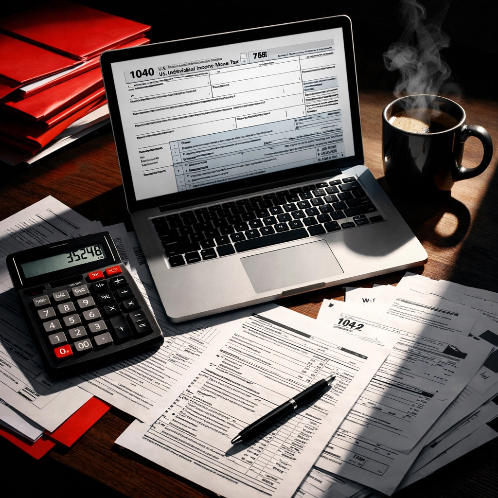 Tax filing workspace with laptop, calculator, and financial documents during 2026 Canadian tax season