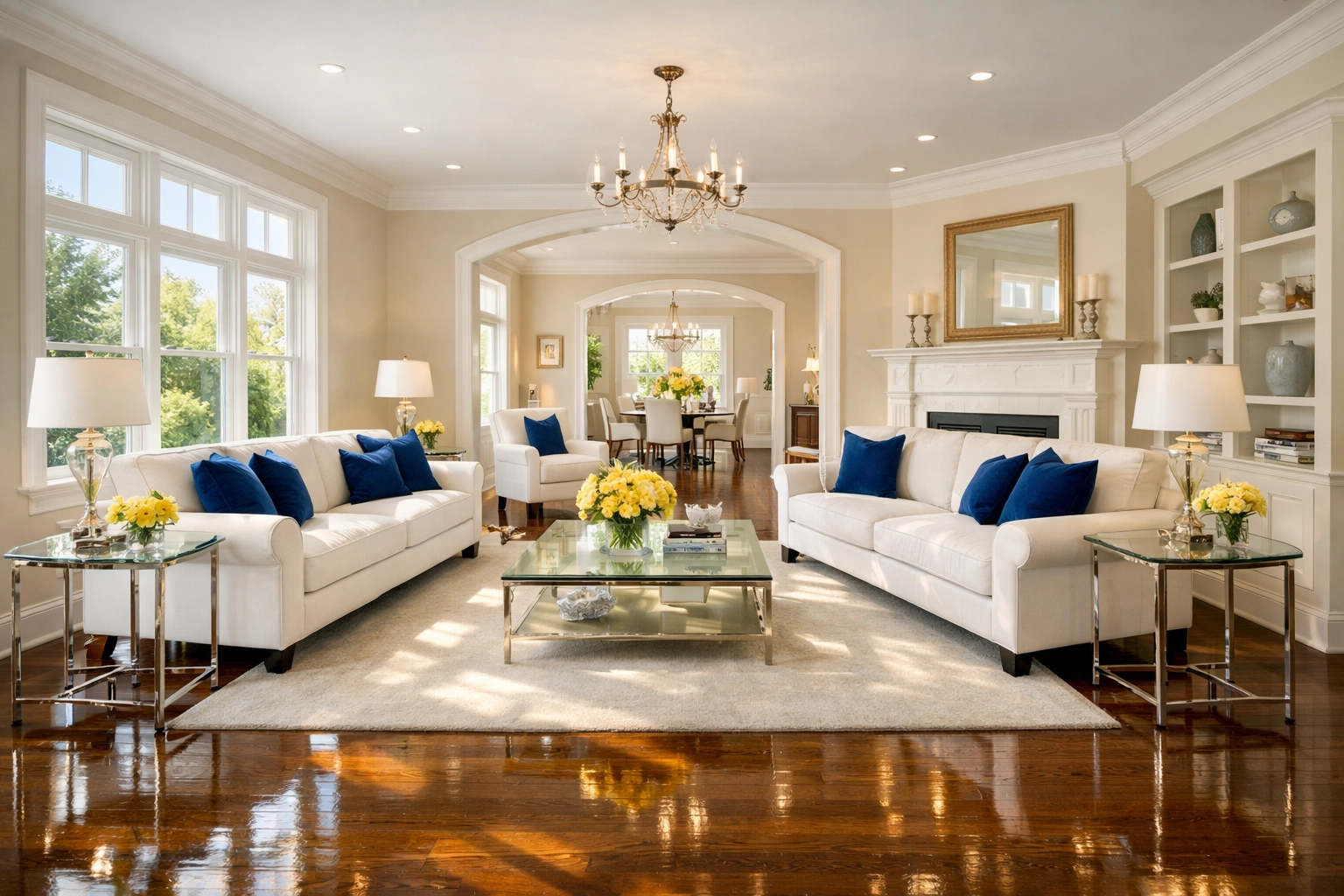 Pristine living room in a Belmont home showcasing professional house cleaning Belmont MA results.