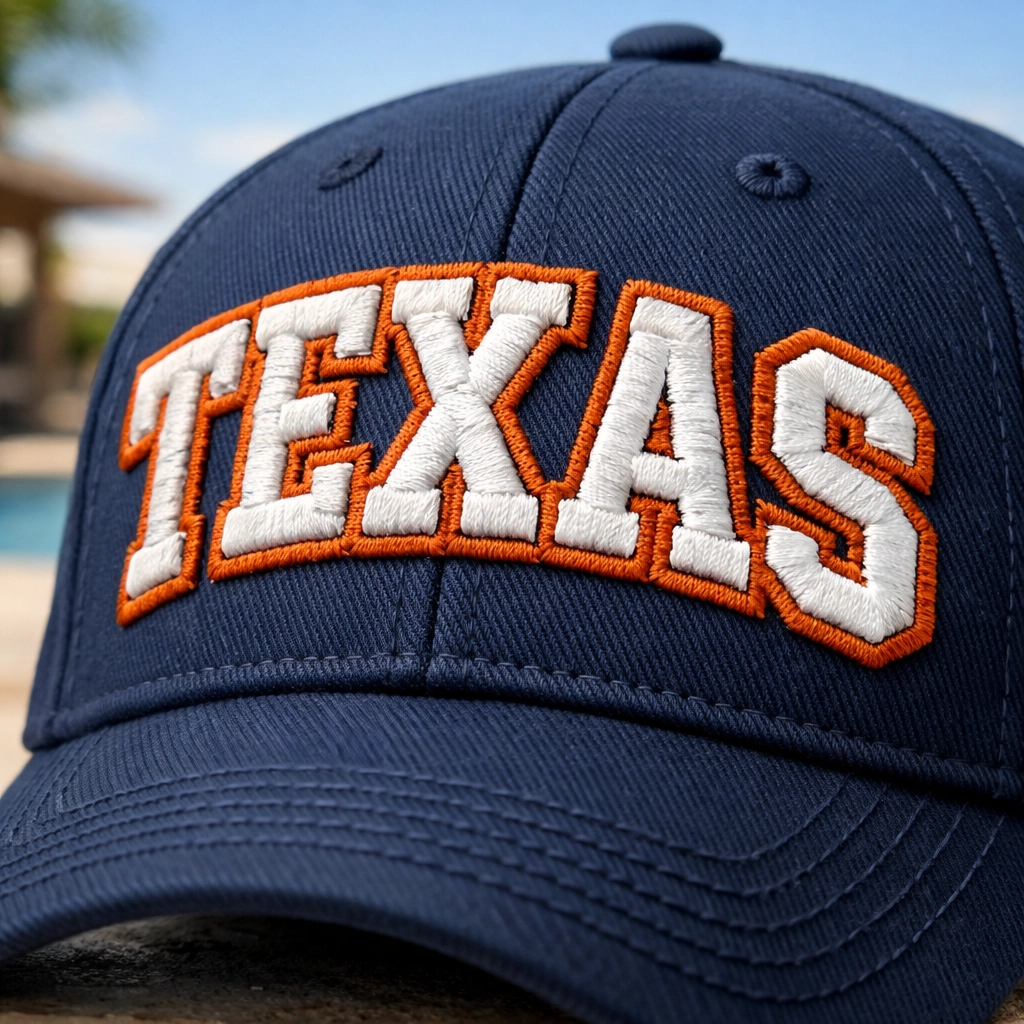 Close-up of high-quality custom embroidery on a professional navy blue business baseball cap.