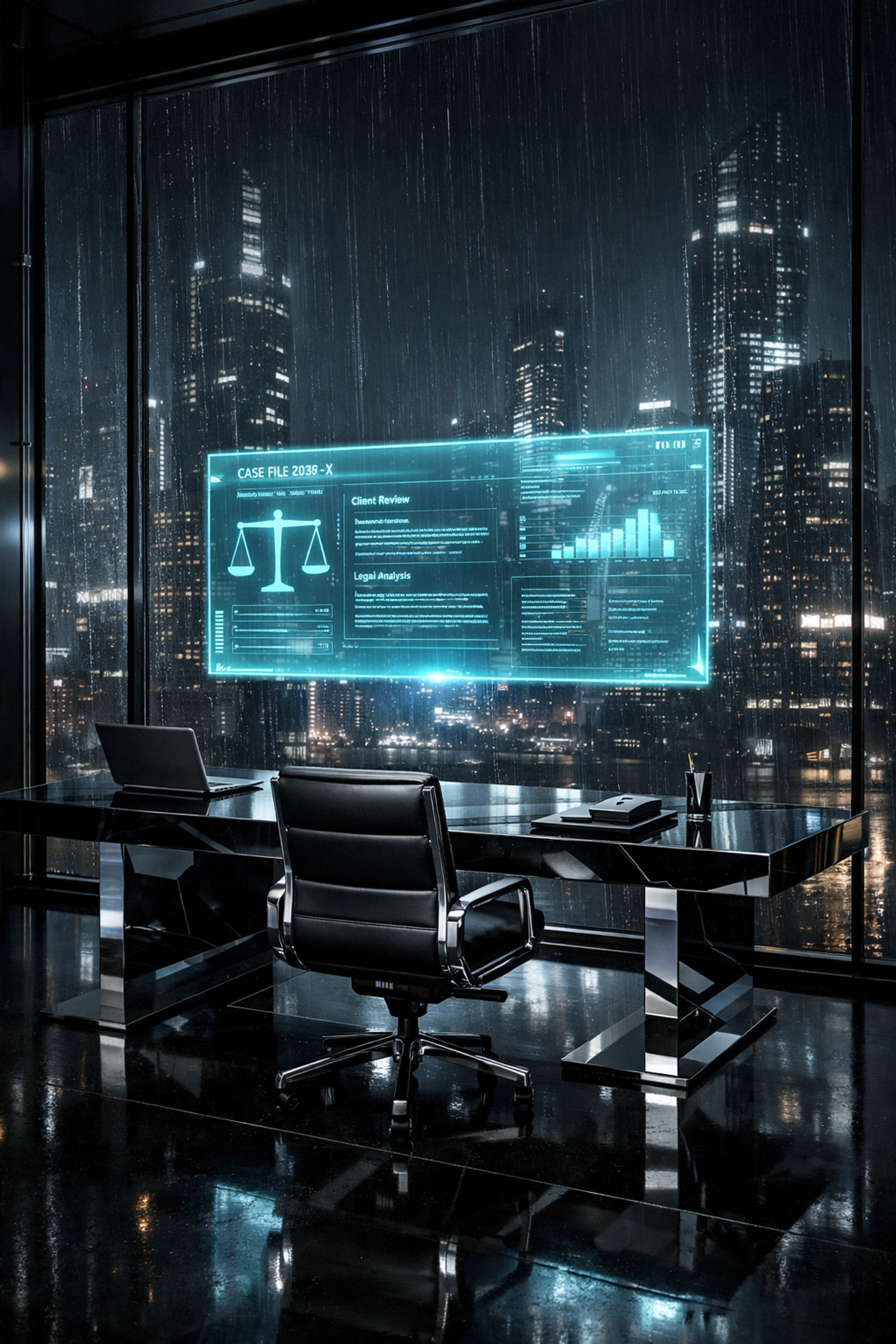 Minimalist futuristic law office with digital displays reflecting an innovative professional brand identity.