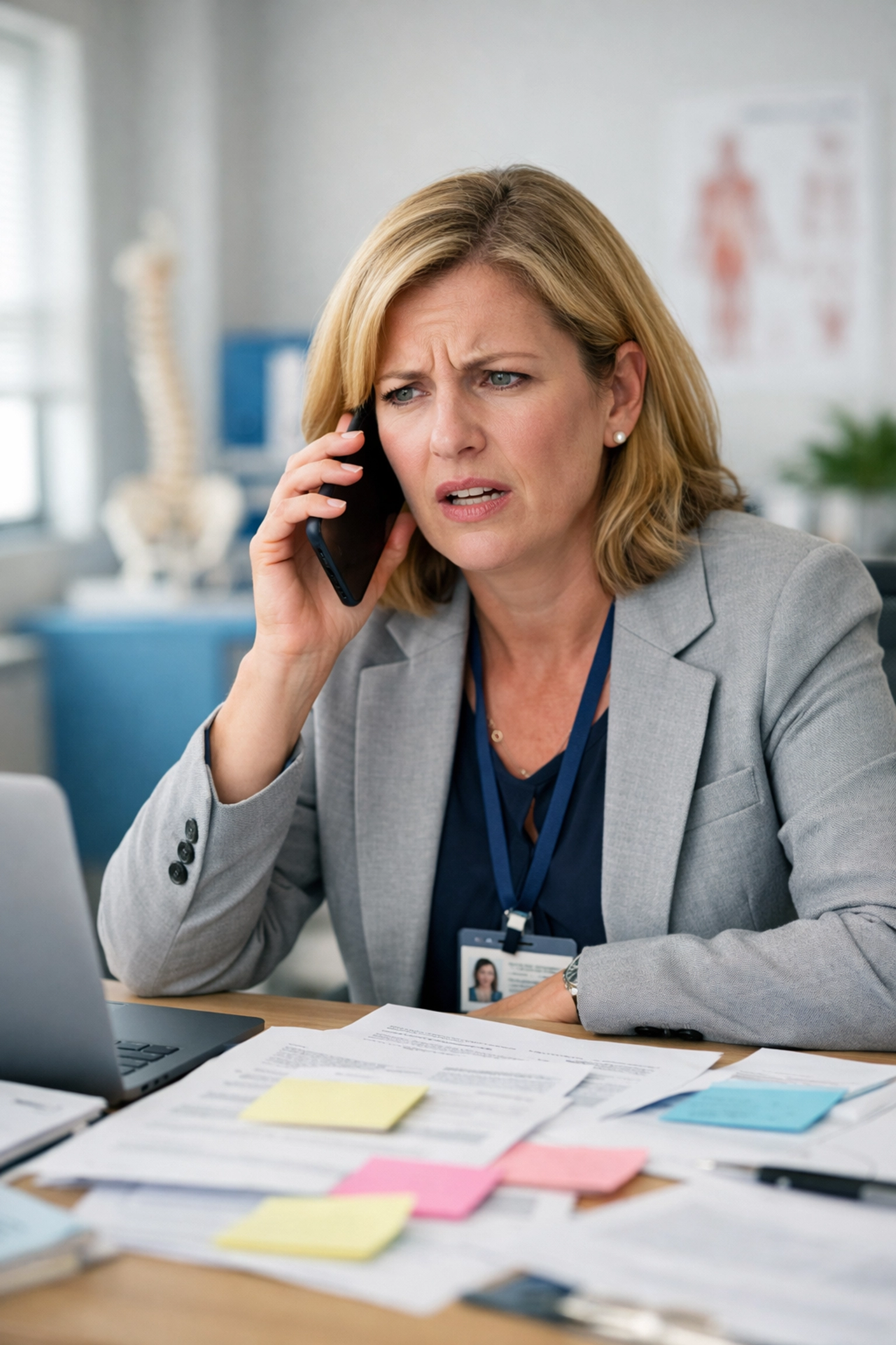 Frustrated healthcare administrator struggling with poor staffing agency communication