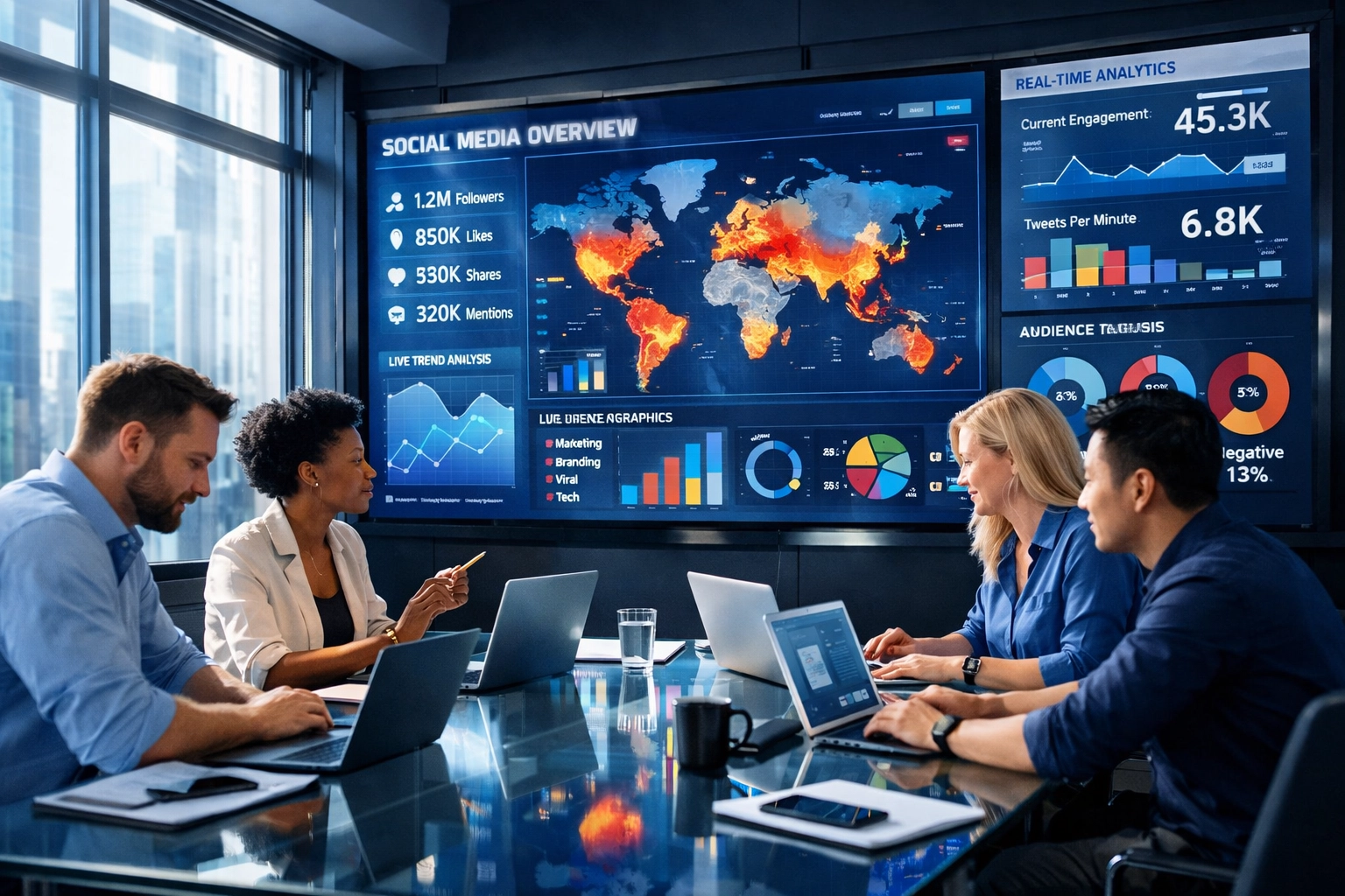 Marketing team collaborating in war room with analytics dashboards for Super Bowl advertising strategy