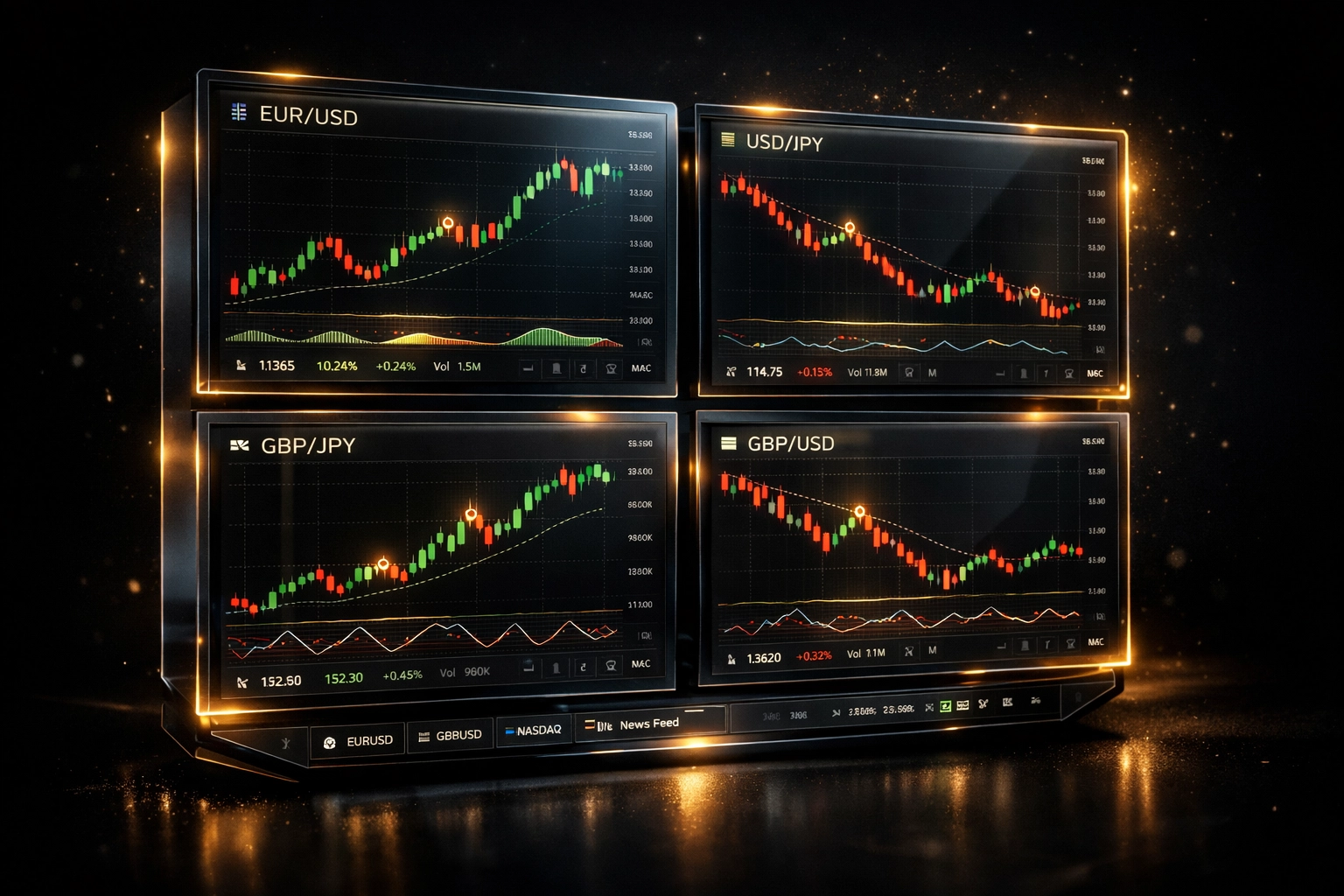 Forex trading dashboard displaying EURUSD, USDJPY, GBPJPY, and GBPUSD execution results