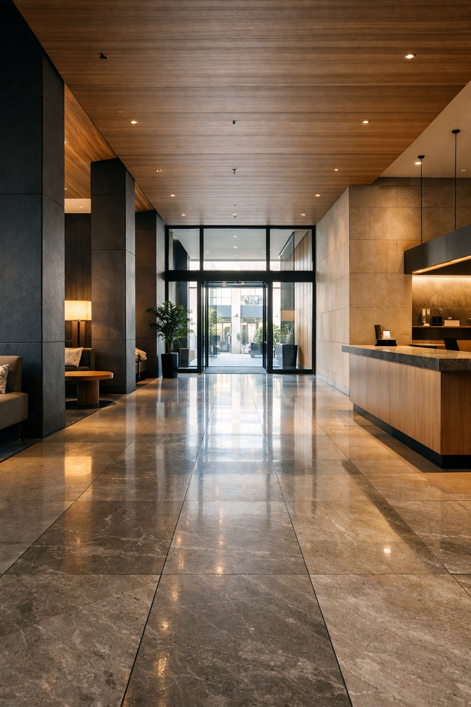 Contemporary hotel lobby with clean lines, symbolizing a professional and unified guest journey.