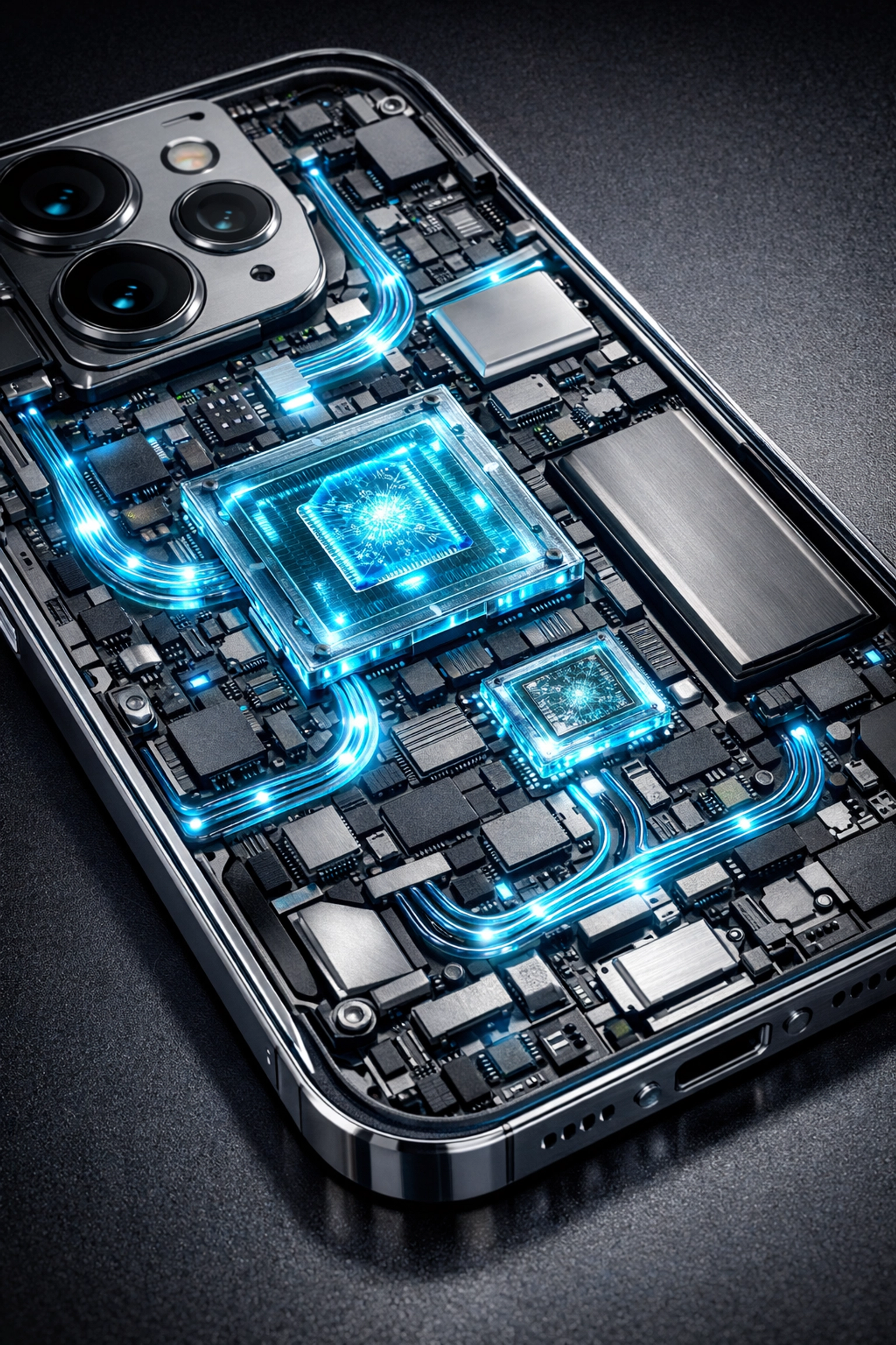 Internal glowing circuits of a modern smartphone representing high-speed mobile-first technical SEO.