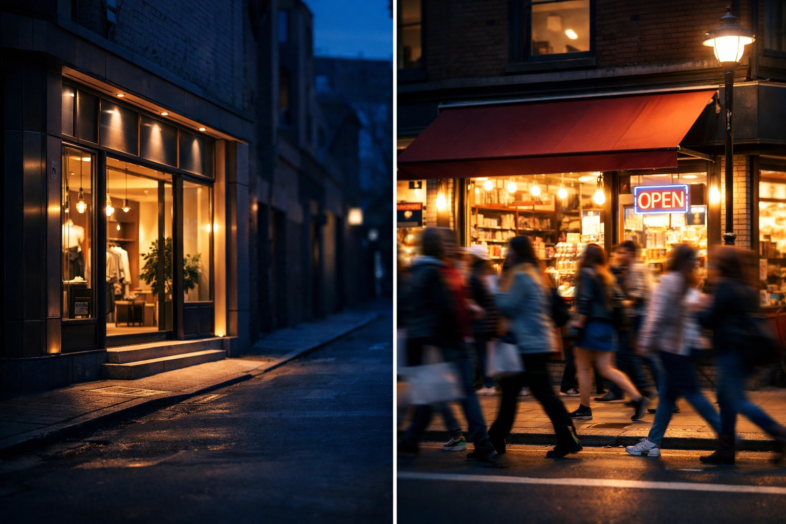 Two storefronts comparing high visibility location with traffic versus beautiful design with no customers