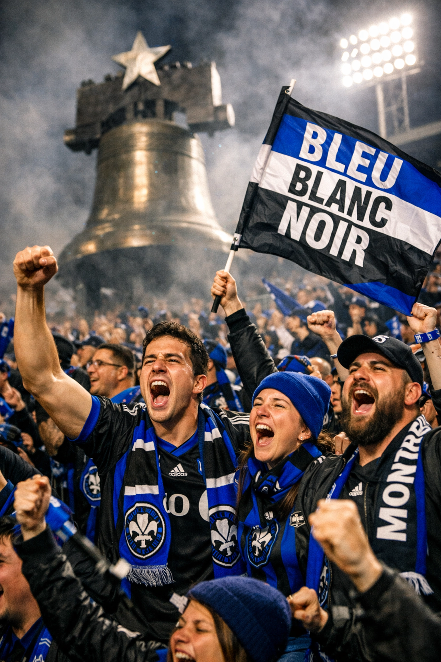 Enthusiastic CF Montreal supporters cheering with scarves and flags in the stands at Stade Saputo.