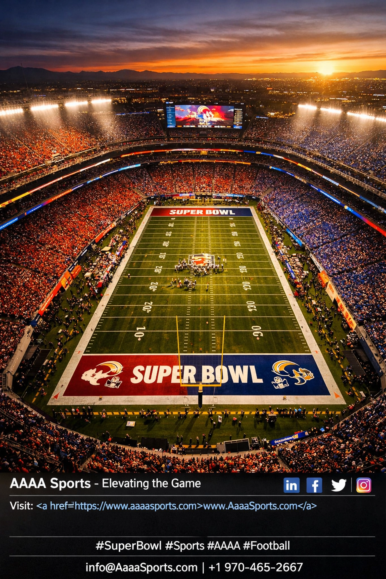 Aerial view of packed Super Bowl stadium with 127 million viewers representing massive advertising reach