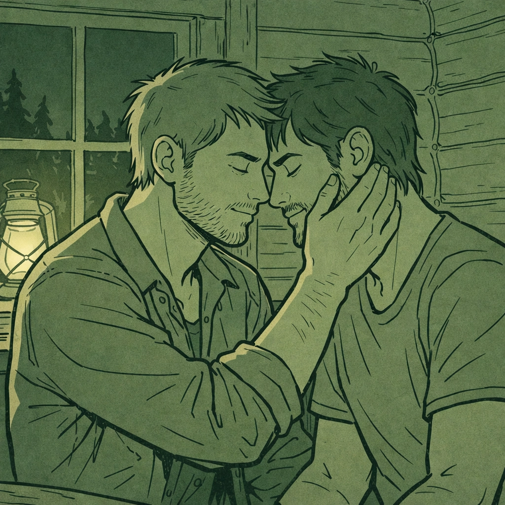 Intimate moment between two men inside cabin before tragedy strikes - MM romance emotional connection