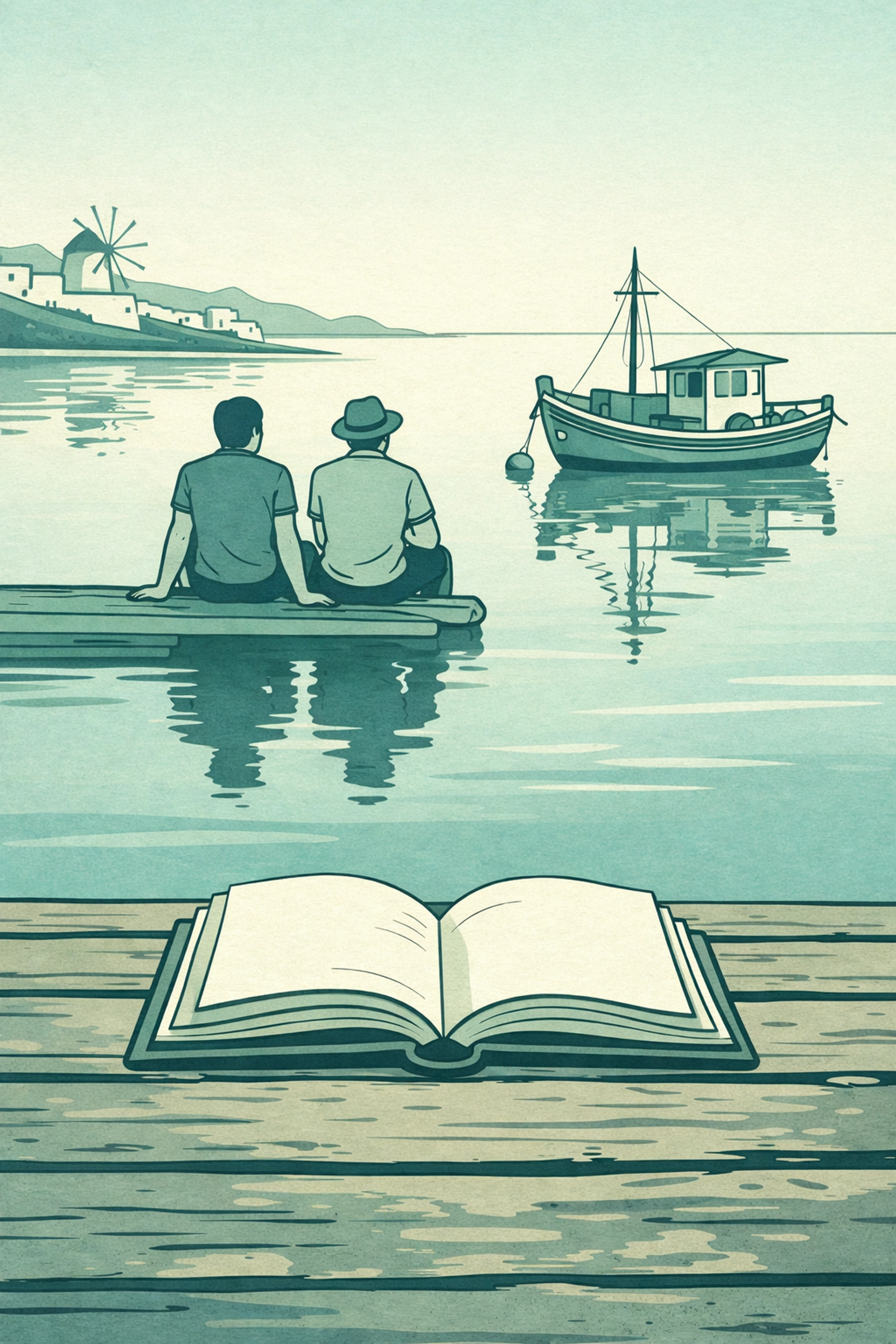 Open book and gay couple at Mykonos waterfront illustrating LGBTQ+ literary connection