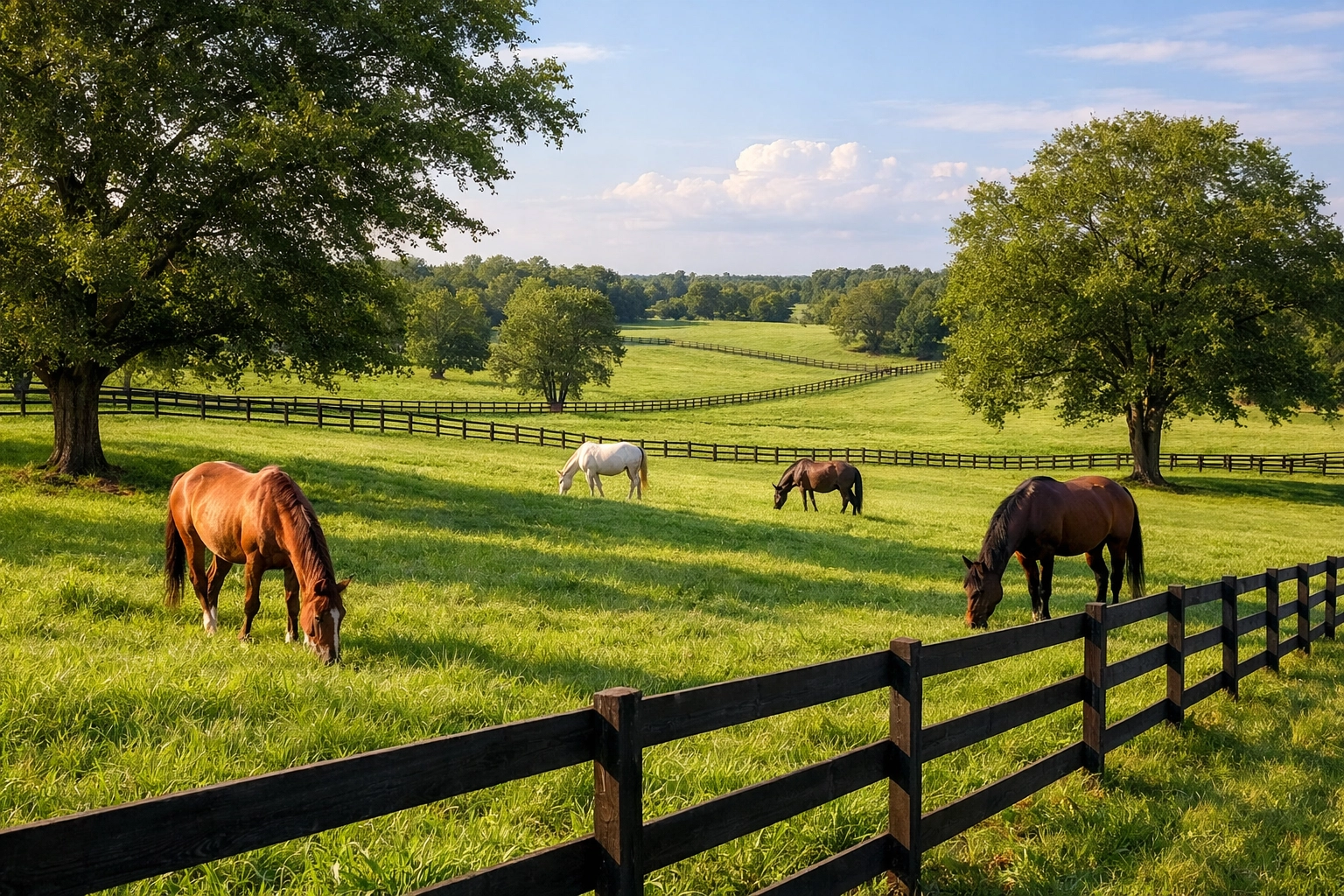 Healthy horse pastures in Davidson NC with grazing horses and board fencing
