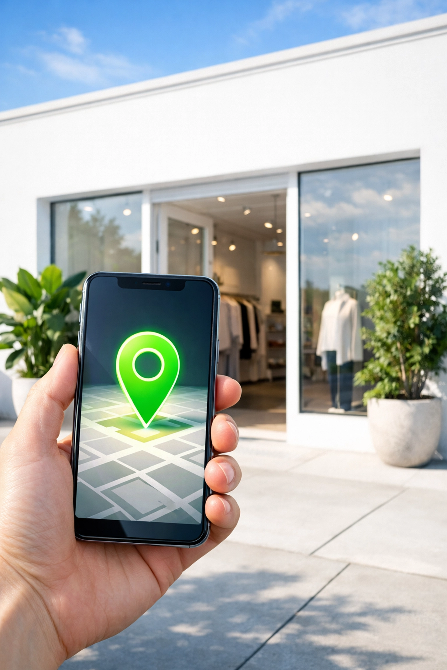 Smartphone displaying a local business location pin in front of a modern, clean storefront.